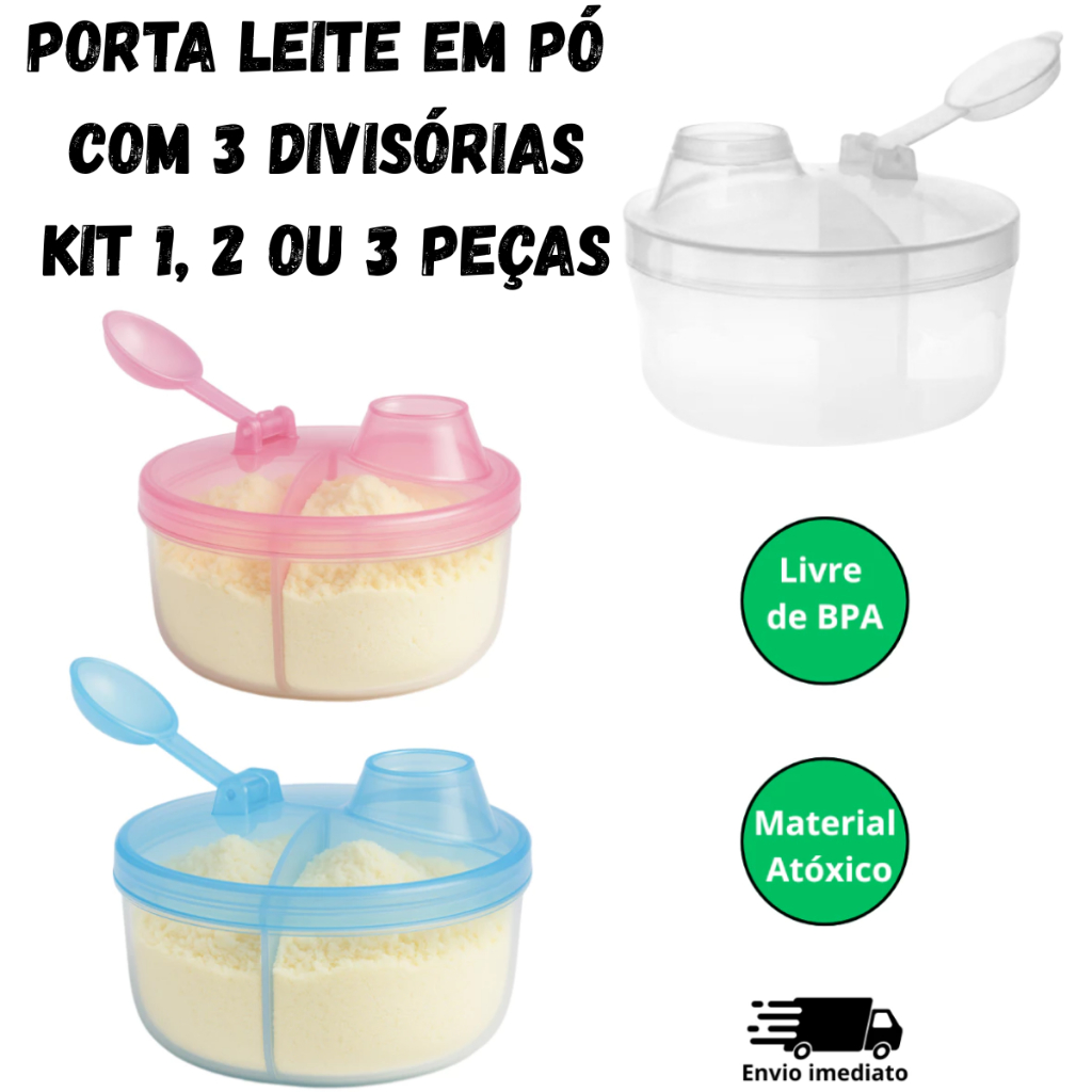 Porta Leite em Pó com 3 Divisórias  Prático, Higiênico e Ideal para Passeios, Porta Chocolate
