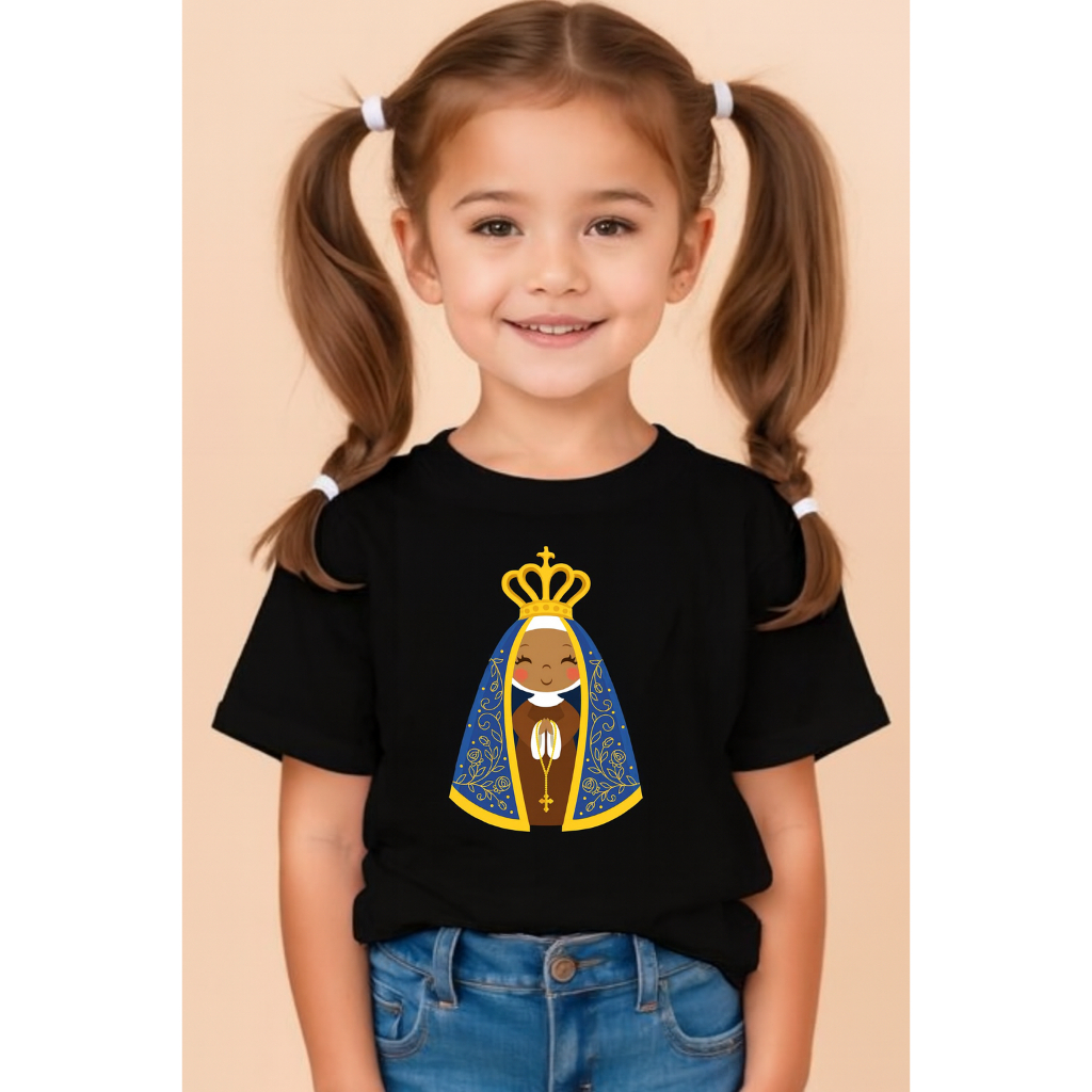 Camiseta Infantil Feminina Nossa Senhora Aparecida  Fé e Doçura para Pequenas Devotas
