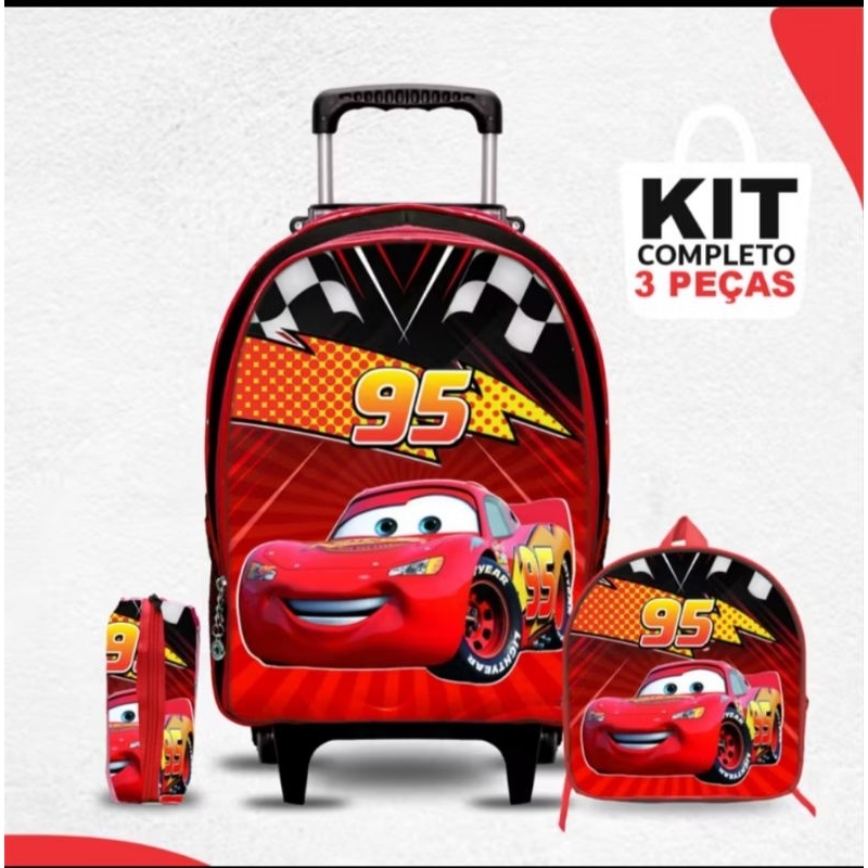 Kit Mochila escolar Carros com Lancheira e Estojo – Rodinha – Menino – Masculino