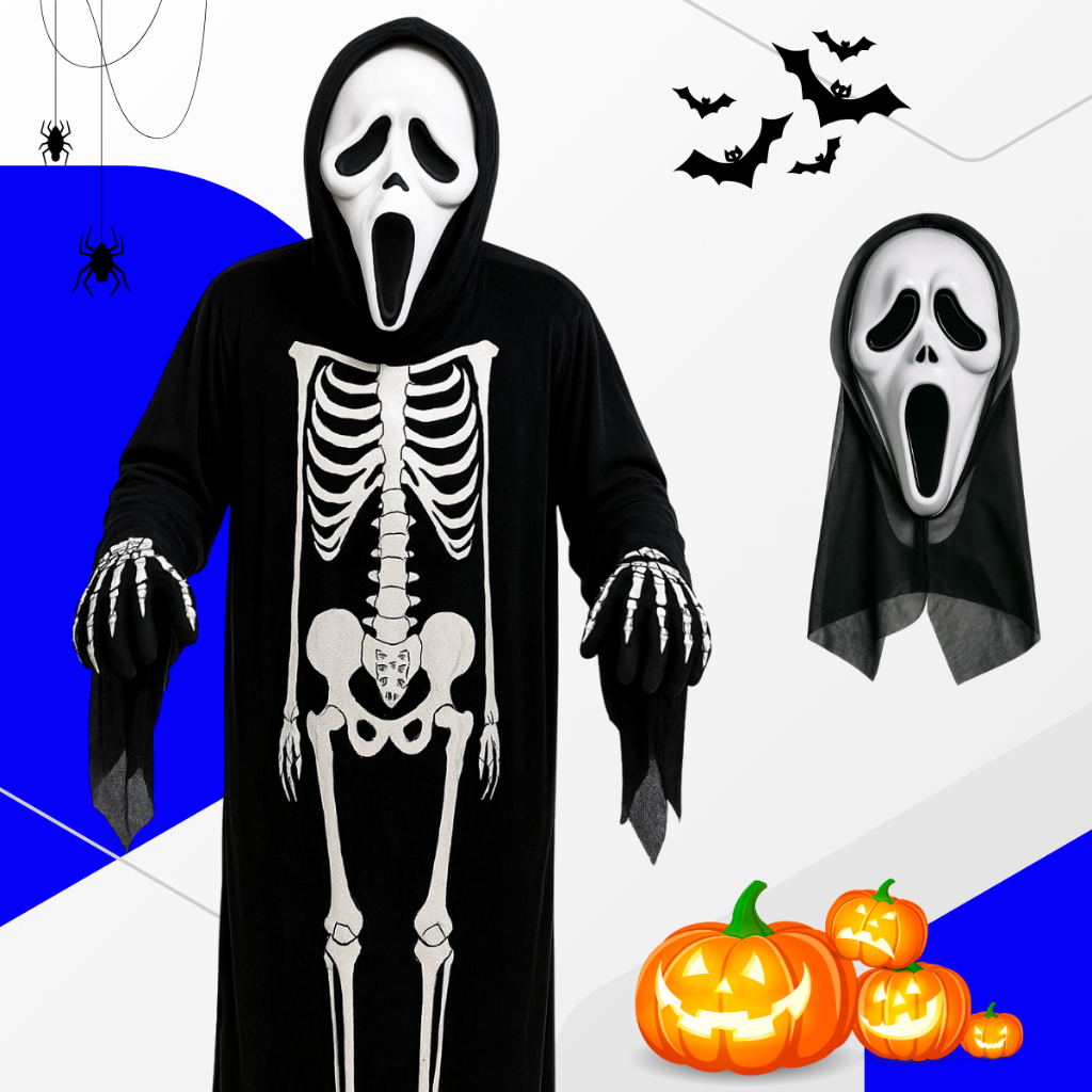 Fantasia Pânico Halloween Tamanho Adulto e Infantil Máscara + Roupa Horror Terror Filme