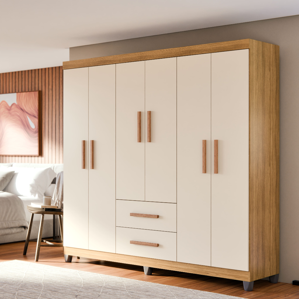 Guarda Roupa Casal Lite 6 Portas 2 Gavetas Grandes Cabideiro Prateleiras MDF Amplo Espaço Quarto Inf