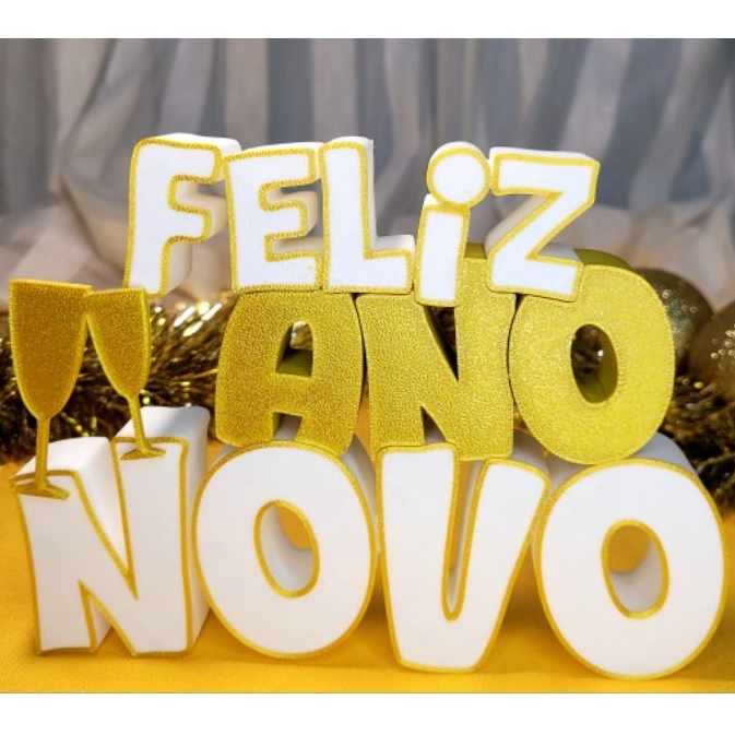 Letreiro 3D Feliz Ano Novo com Taças de Champanhe
