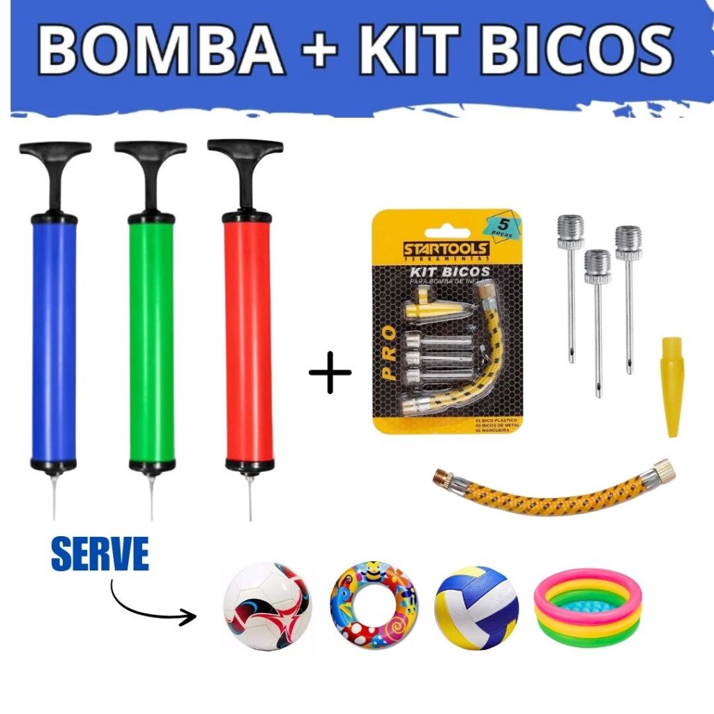 Bomba de ar Manual c/ Acessórios para Encher Bolas Futebol Basquete Vôlei e Brinquedos Infláveis