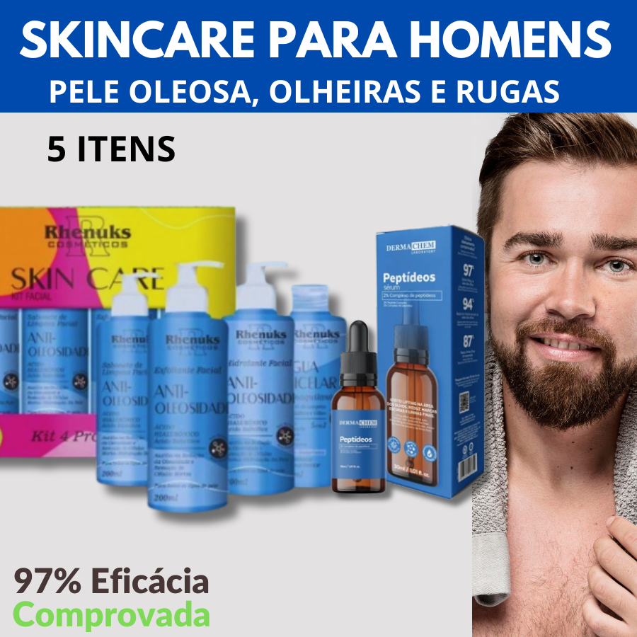 Kit Skincare Masculino Completo Anti Oleosidade + Sérum Anti Rugas e Olheiras – 5 ITENS