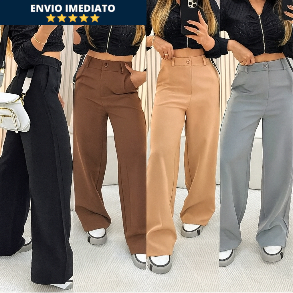 Calça Pantalona Feminina Alfaiataria Premium Cintura Alta Com Bolso PROMOÇÃO Wide Leg