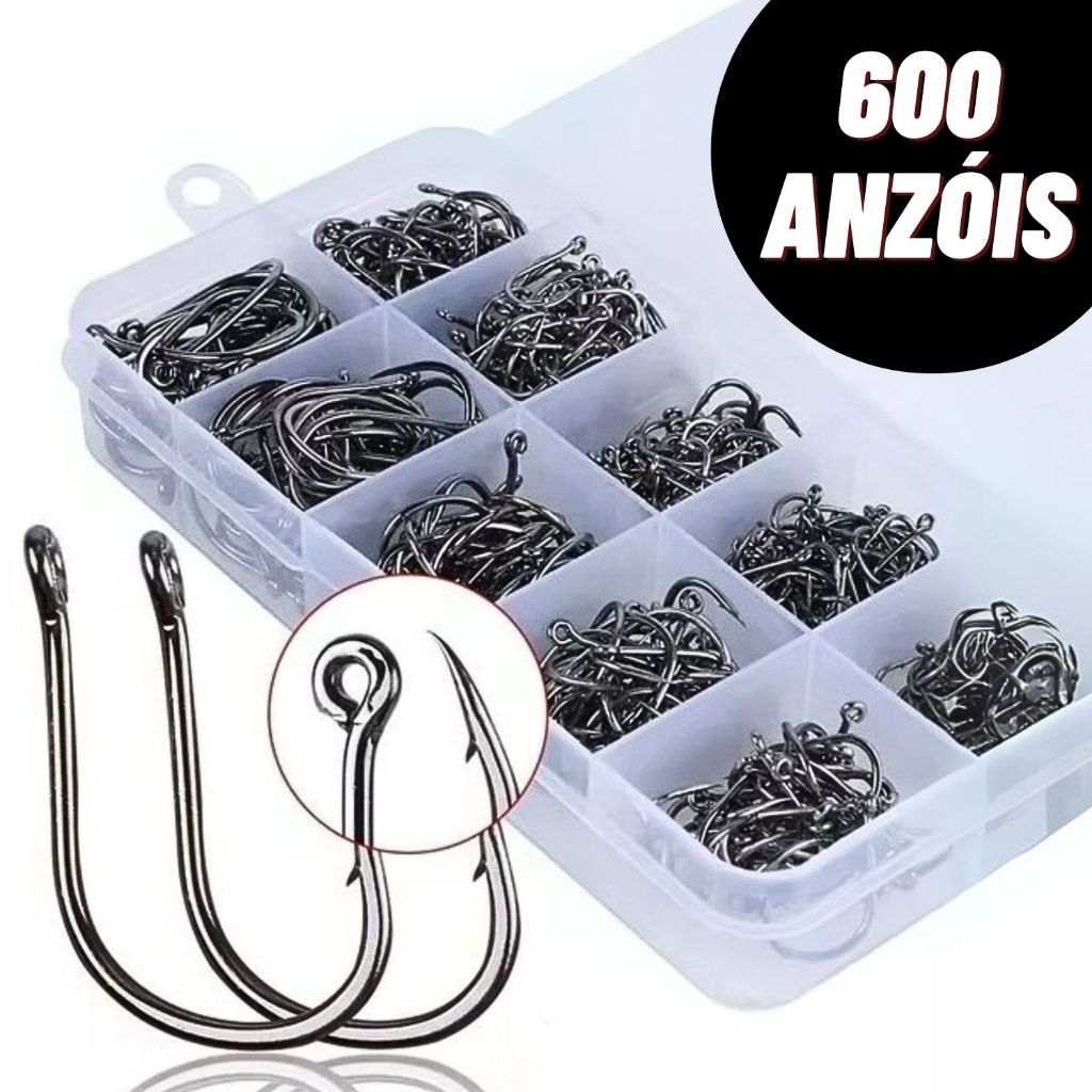 Kit de Pesca 600 Anzóis De Tamanhos 3 A 12 Com Estojo De Armazenamento