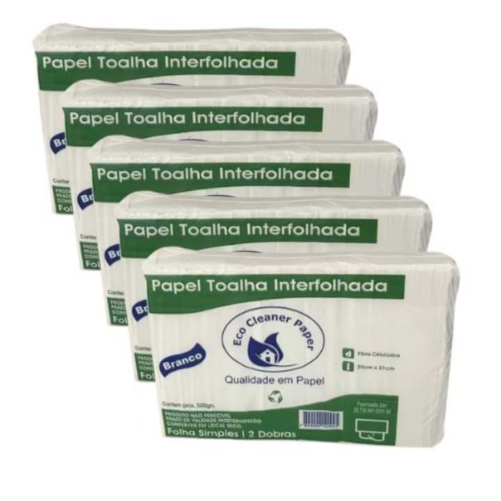 KIT 5 PACOTE PAPEL TOALHA INTERFOLHA BRANCO 20X21 