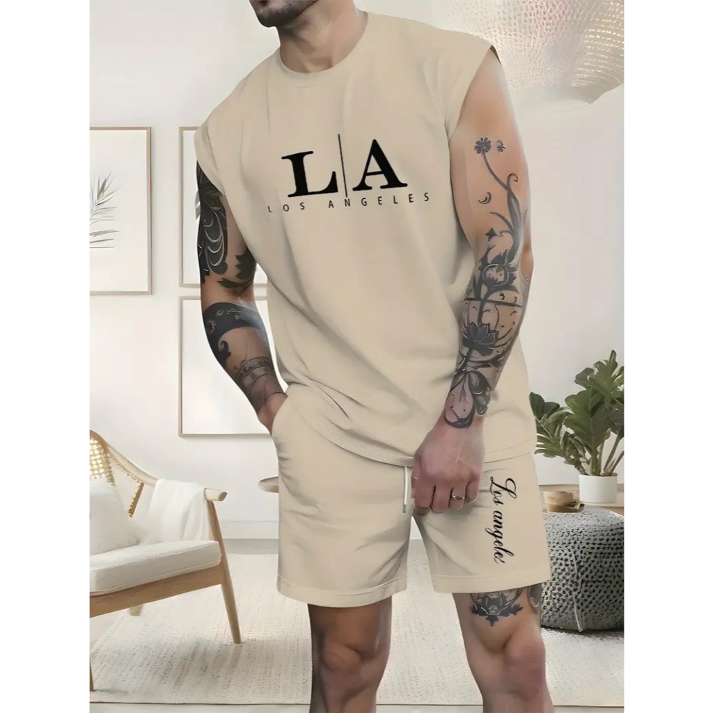 Conjunto Regata Machão L A Los Angeles Camiseta Masculina Bermuda Moletom com Bolso Algodão Esporte