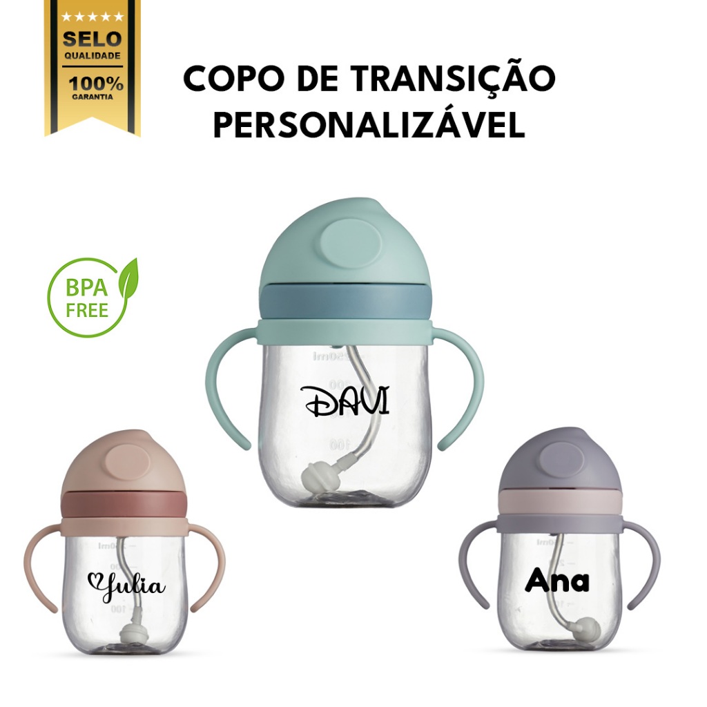 Copo Transição Infantil 250ml Personalizado NOME- Antivazamento Resistente Amamentação Seguro Matern