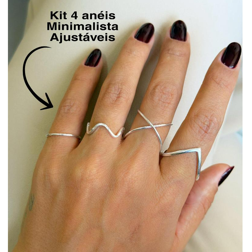 Anel Prata 925 Ajustáveis Minimalista Boca de Tubarão Ondulado X Fio Liso Regulável