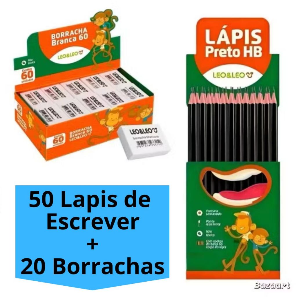 Kit 50 Lápis de Escrever Preto + 20 Borracha Escolar Branca N60 Escolar LeoELeo