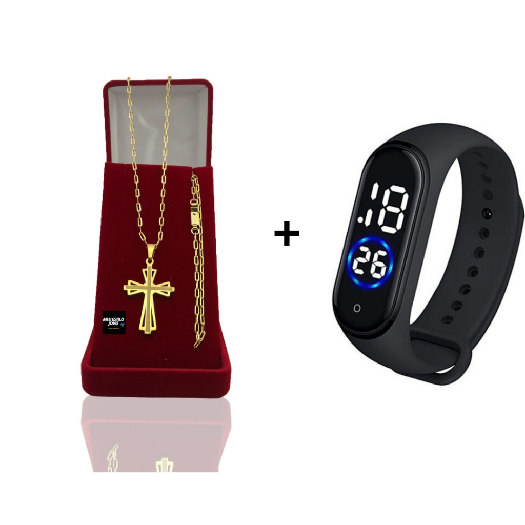 Corrente Masculina Infantil Banhado Ouro 2mm Com Pulseira e Pingente  Cruz Van Relsen +  Relógio Dig