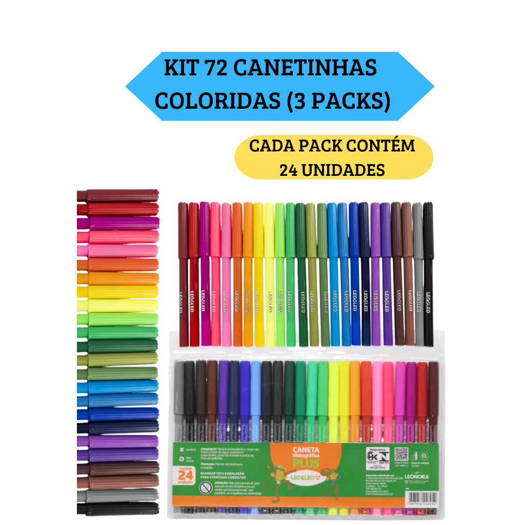 Kit 3 Packs (72 Unidades) de Caneta Canetinha Hidrográfica Hidrocor Com 24 Cores LeoELeo