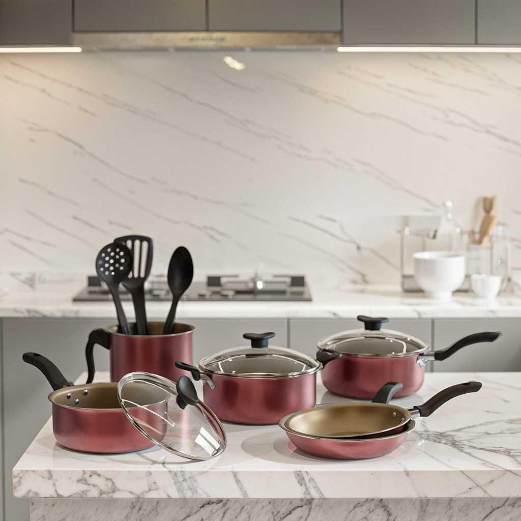 Conjunto 9 Peças Panelas Antiaderente De Aluminio Com Talher De Silicone Tampa De Vidro Alimento