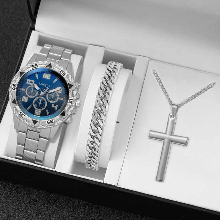 Relógio 3Pcs Masculino Prata Preto de Quartzo + P