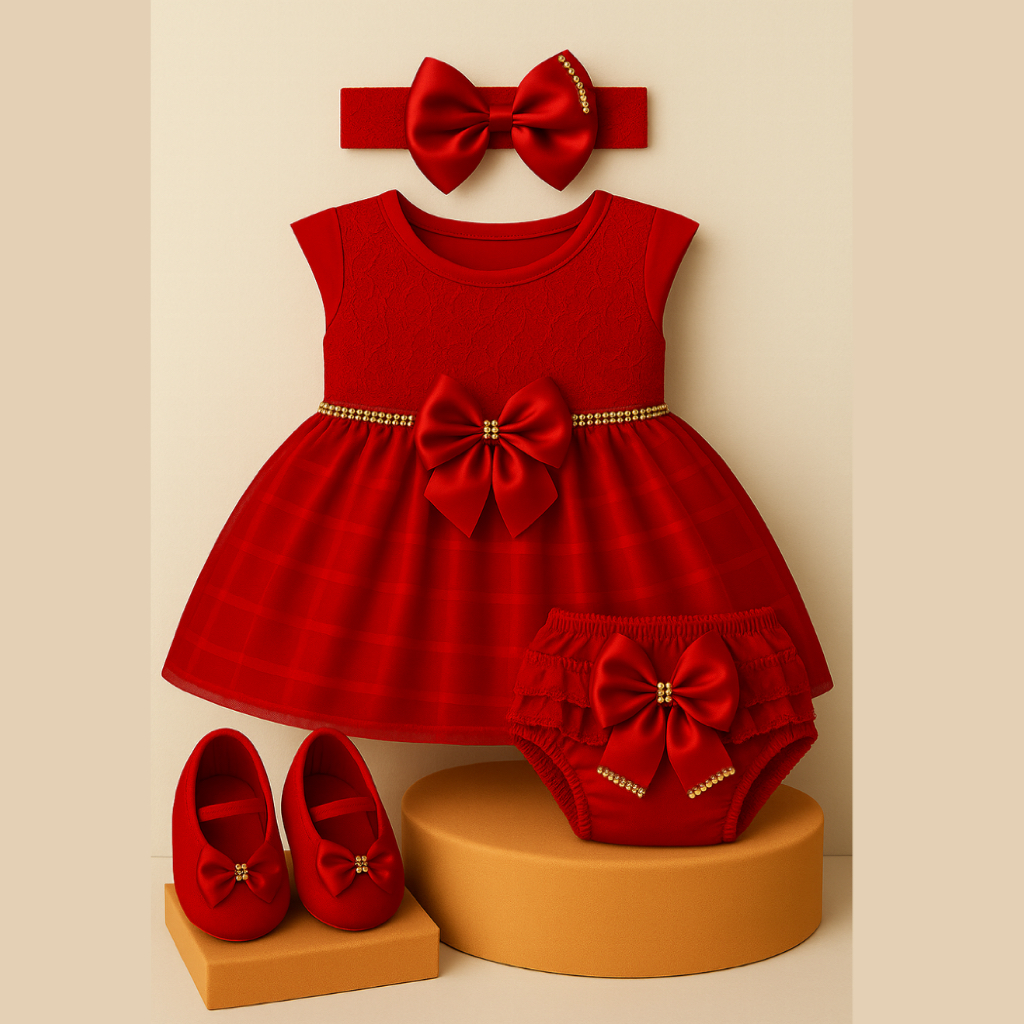 Kit 4 Peças 0 a 12 Meses Vestido Renda luxo+Calcinha Bunda Rica+Laço+Sapatinho Festa Batizado Aniver