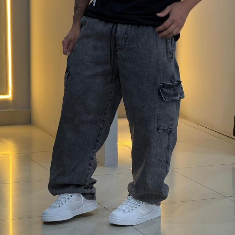 Calça Cargo Jeans larga masculina feminina 5 bols