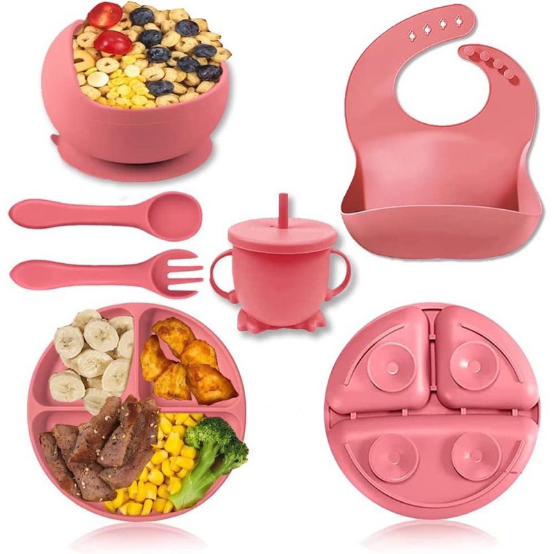 Kit 6 Peças de Talheres de Silicone para Bebês e Crianças Infantil Com Ventosa Canudo Colher Babador