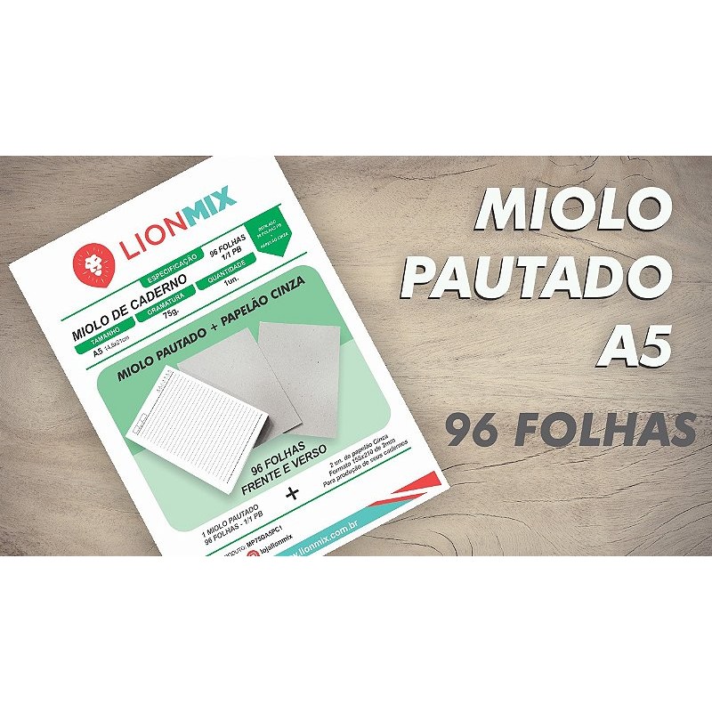 MIOLO PAUTADO A5 PARA CADERNO + PAPELÃO CINZA 96 folhas – OFFSET 75G. 1/1 PB – Embalagem unitária