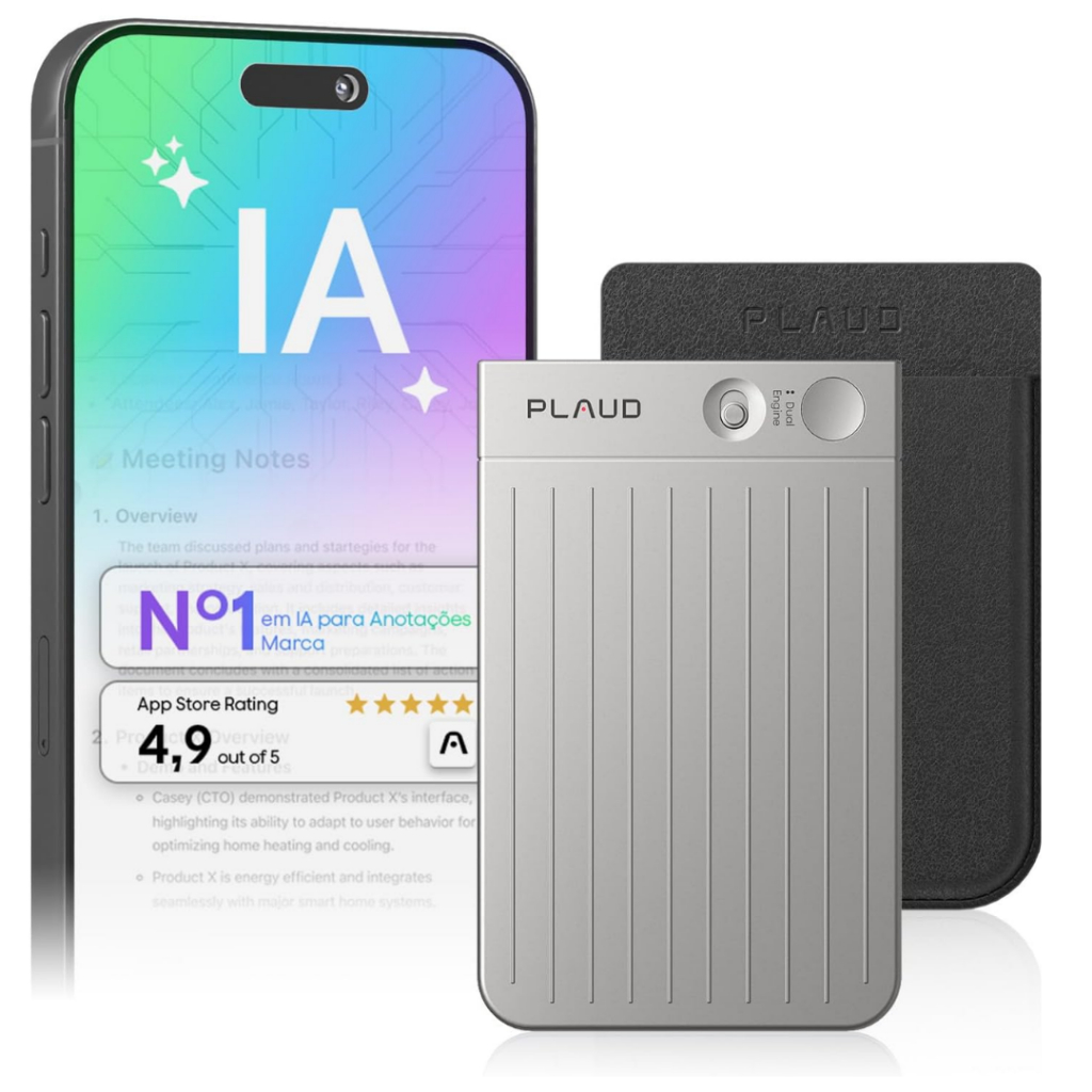 Gravador de Voz Profissional IA ChatGPT PLAUD NOTE 64GB 400mAh Suporte 112 Idiomas – Android IOS