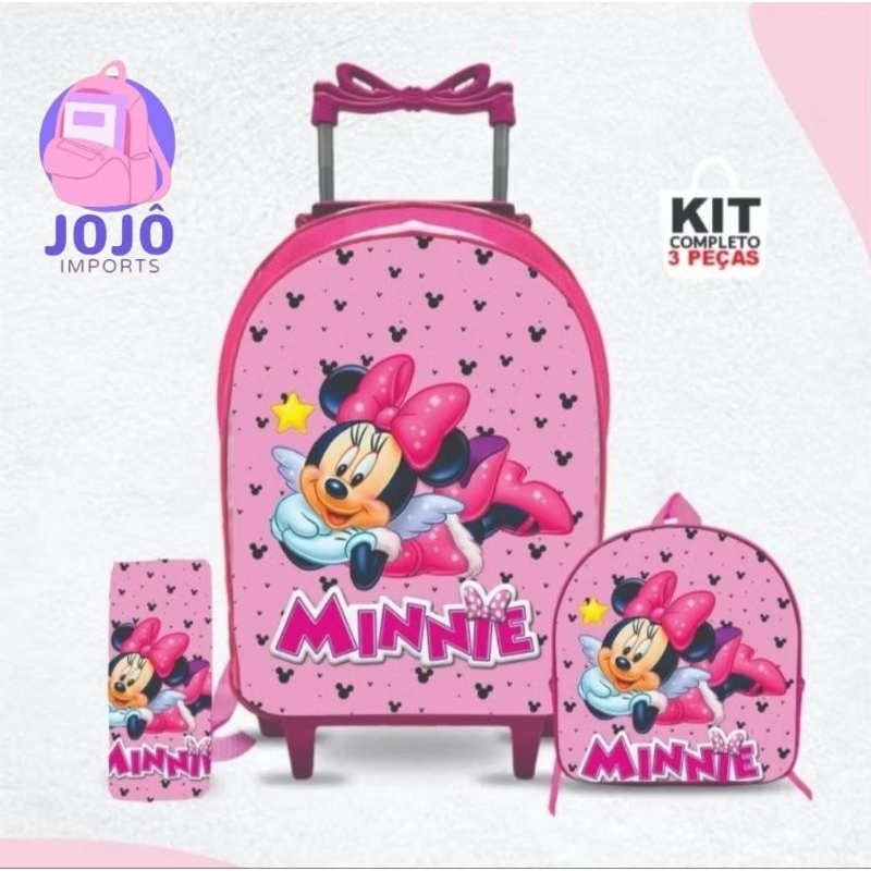 Kit mochila escolar Minnie com lancheira e Estojo – Carrinho com Rodinhas – Menina – feminino