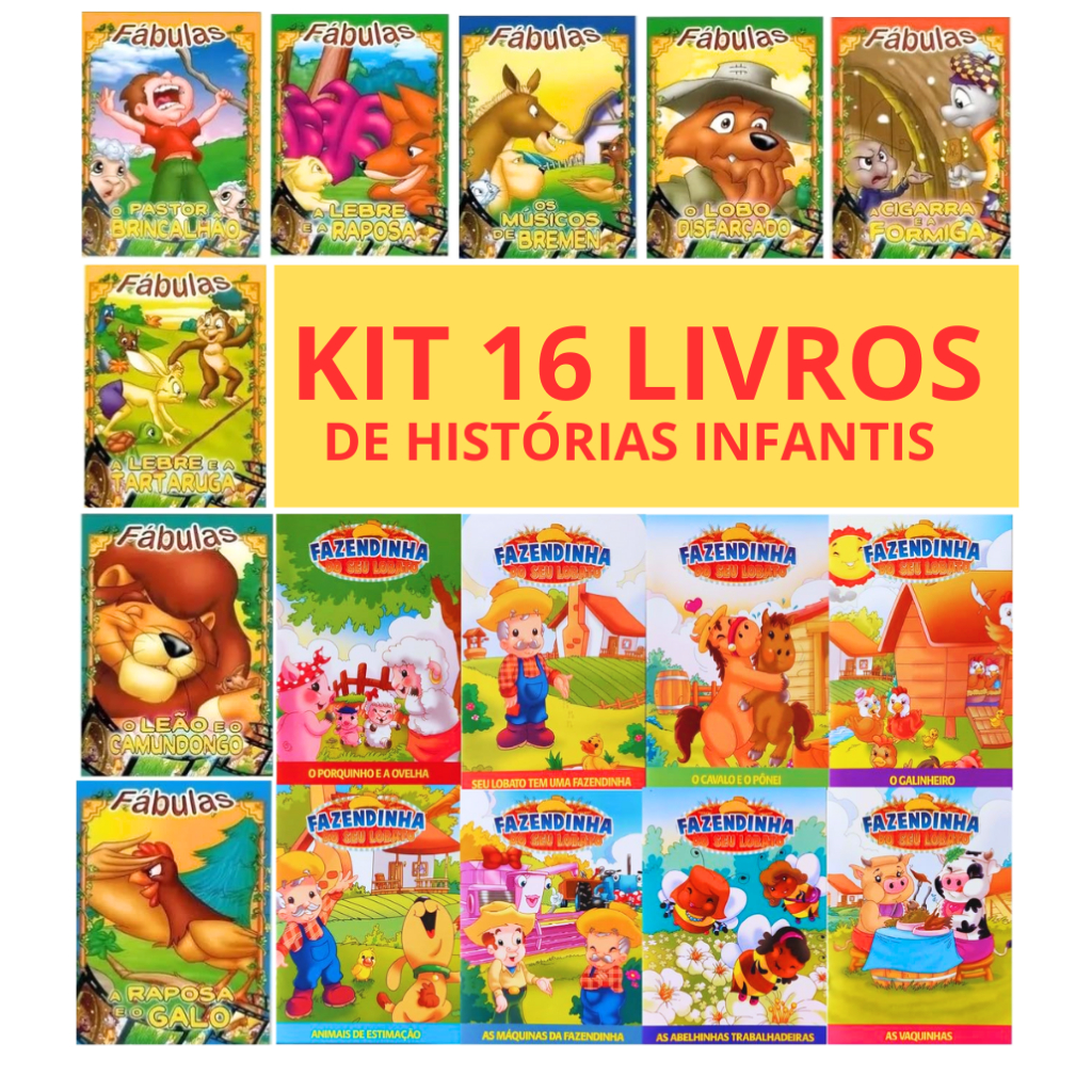 Kit 16 livros de Histórias Infantis – Fábulas – Fazendinha do Seu Lobato