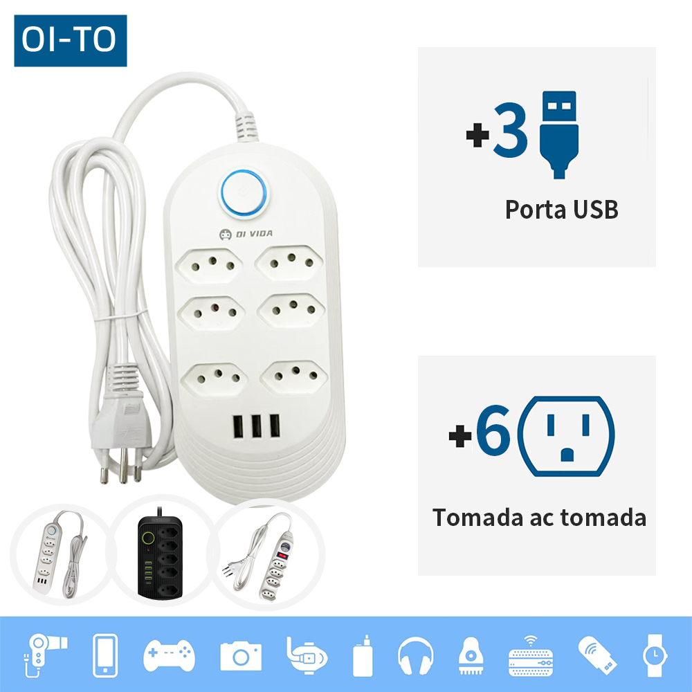 Extensão Elétrica 2m Com 6 Tomadas e 3 Entradas USB com Botão Power Socket 2500W 10A 110v 250v 4 Tom