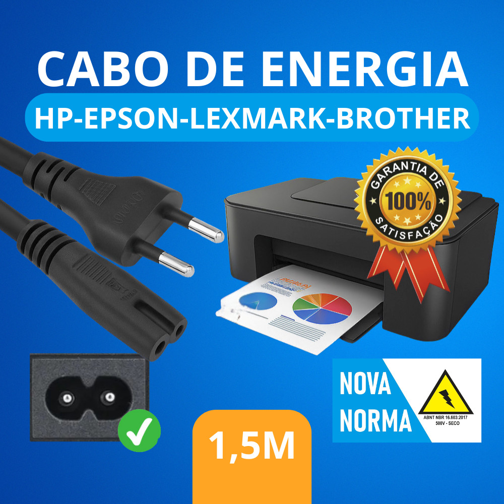 Cabo de Energia 2 Pinos p/ Impressora HP Epson Canon Lexmark  1,5m Preto Padrão Novo
