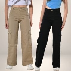 Calça Cargo Preta e Bege Em Sarja Com Bolso Later