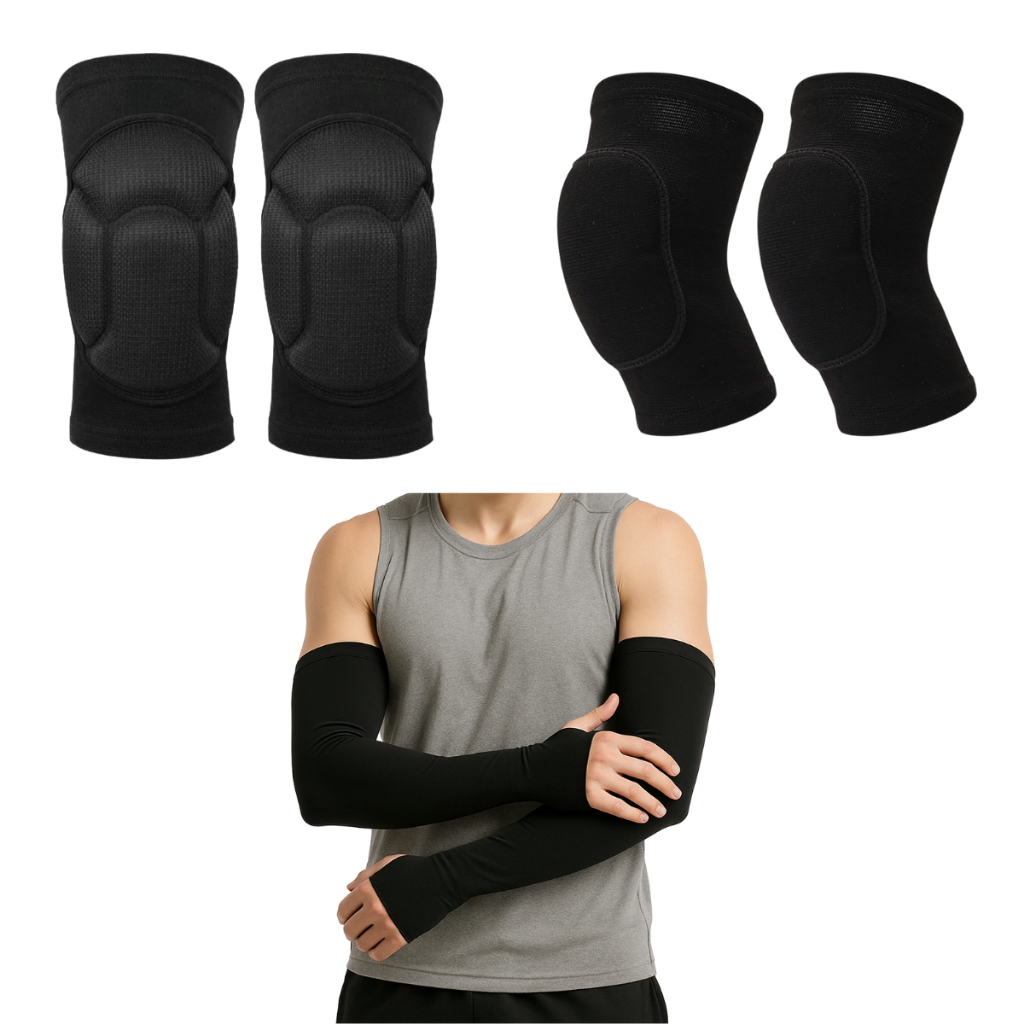Kit Joelheira + Manguito + Cotoveleira Esportiva Vôlei Futsal Skate Handball Anti Impacto Ajustável