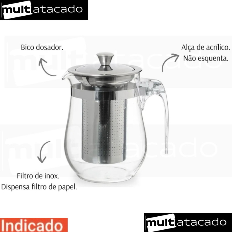 Chaleira Bule Vidro Inox Com Infusor Chá 500 ML Chaleira de Vidro para Chá Com Infusor chá