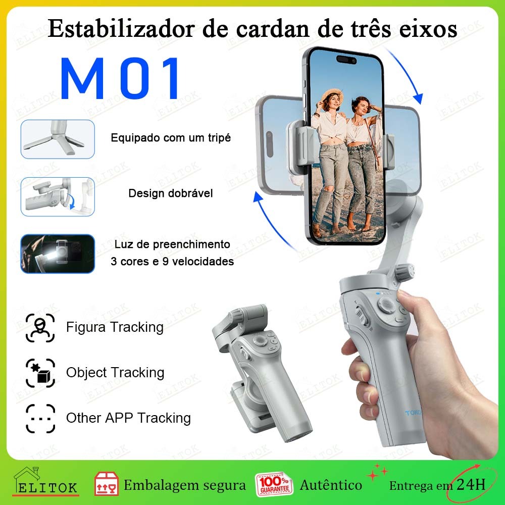 Estabilizador Gimbal Celular 3 Eixos M01 Rastreamento Facial Profissional Portátil Bluetooth Ideal P