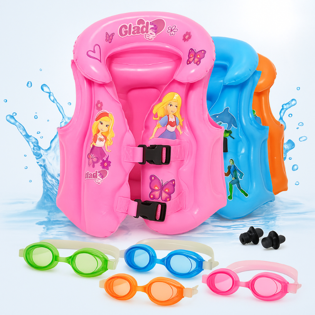 Boia Infantil Kit Colete Inflável Salva Vidas + Óculos UV Piscina Natação Segurança Criança Verão