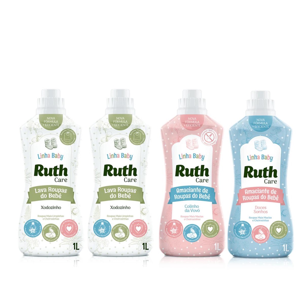 Kit com 2L Lava Roupas Líquido Ruth Care Baby Xodozinho  + 1L Amaciante Diluído Baby Care Colinho da