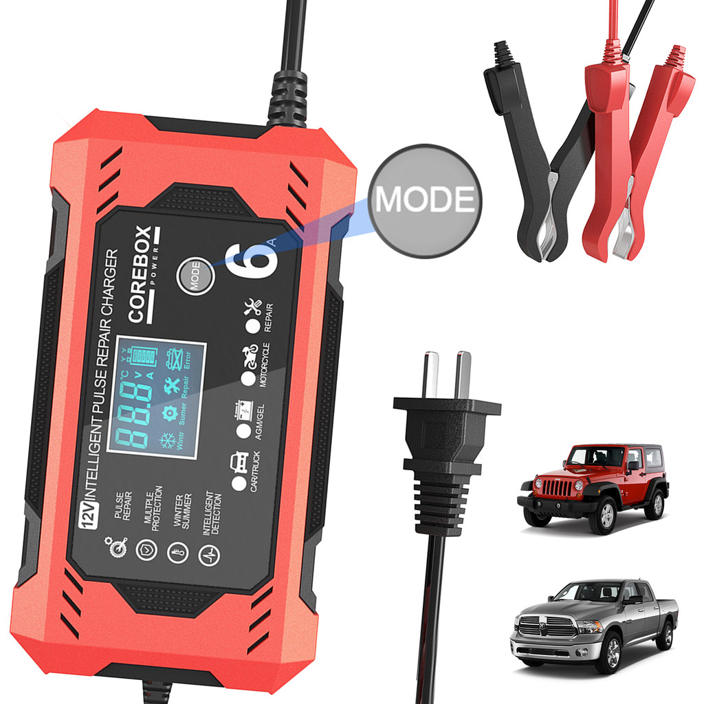 Carregador de Bateria 12V 6A Inteligente, Compensação de Temperatura, Display Digital, Fios de Cobre