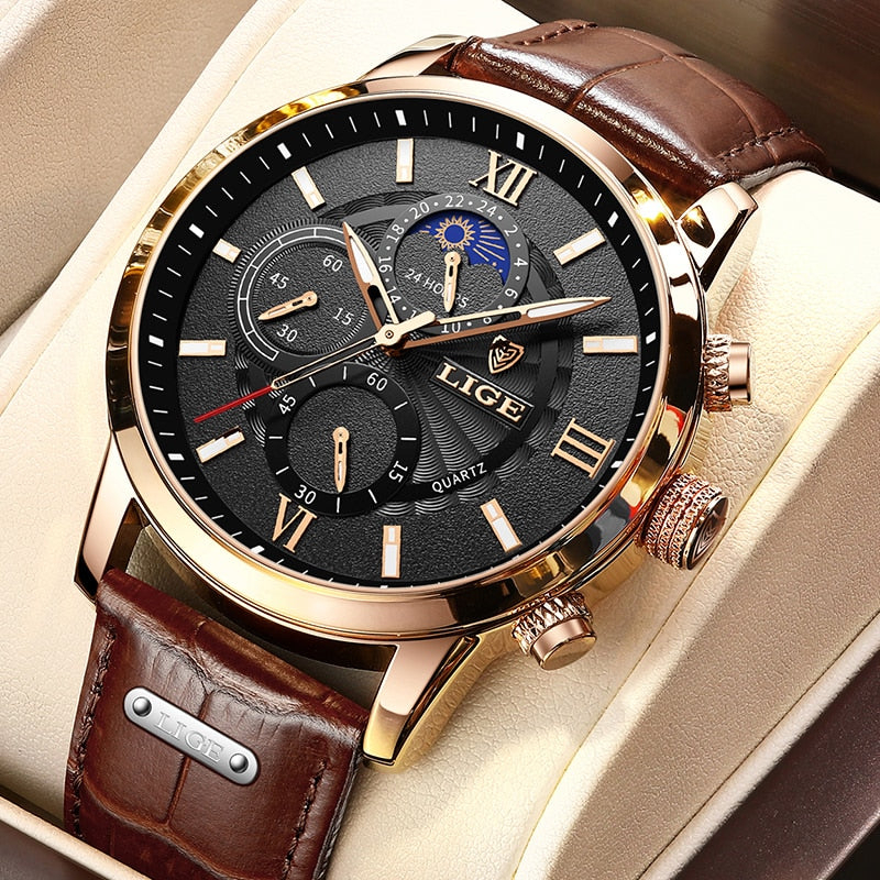 KIT Relógio Masculino Quartz Com Pulseira de Couro + Pulseira banhada Ouro *