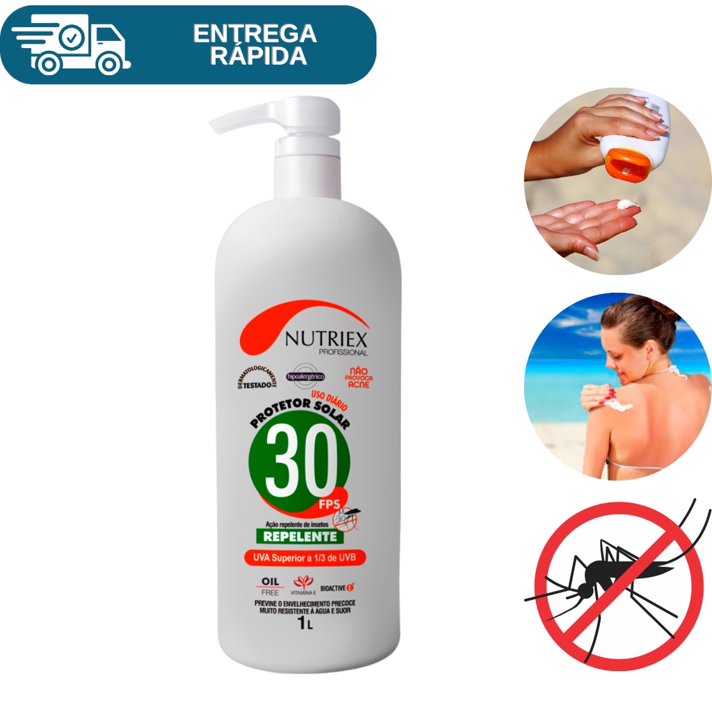 Protetor Bloqueador Solar Fps 30 Com Repelente Galão 1 Litro Nutriex UVA UVB Insetos Pernilongo