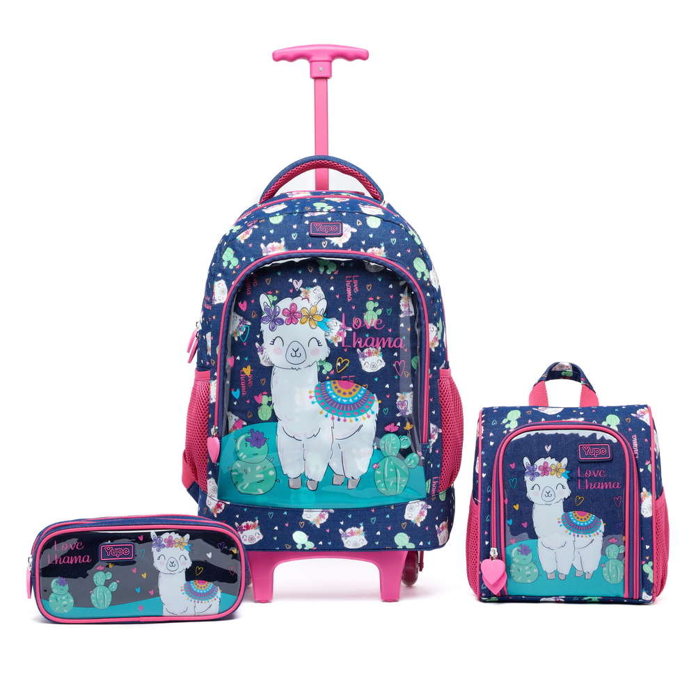 Kit Mochila Rodinhas Lancheira Estojo Reforçada Yupe Lhama