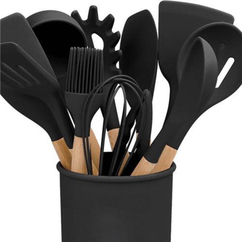 Kit Utensílios de Cozinha Silicone 12 Peças Completo Antiaderente Resistente com Suporte