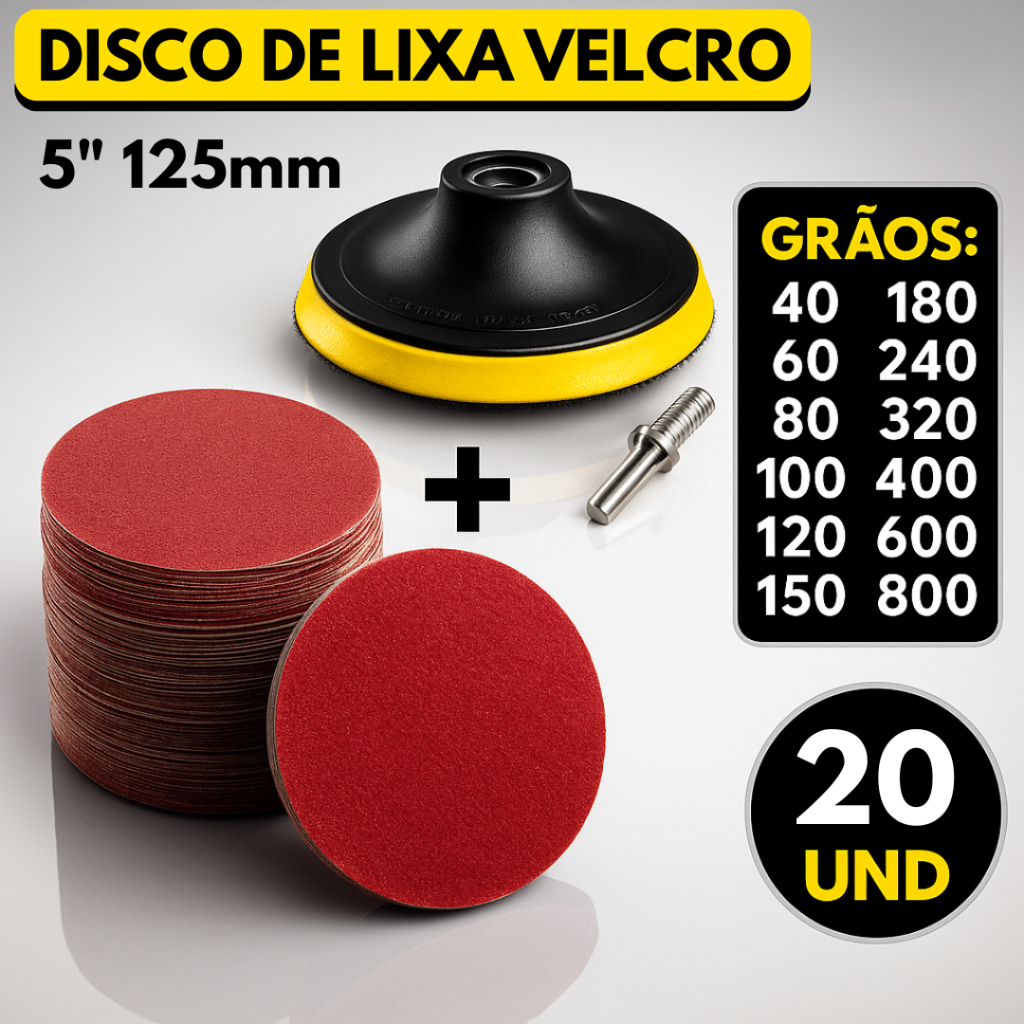 Kit Base Suporte 125mm com Adaptador M14 + 20 Lixas Sem Furos Com Velcro 5 Furadeira Esmerilhadeira