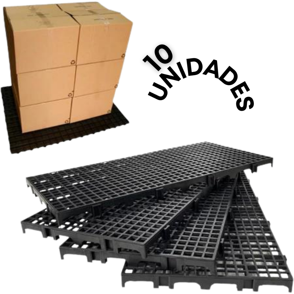 Kit 10 Peças Palete Estrado Piso Plástico Reforçado Preto 2,5x25x50 Cm