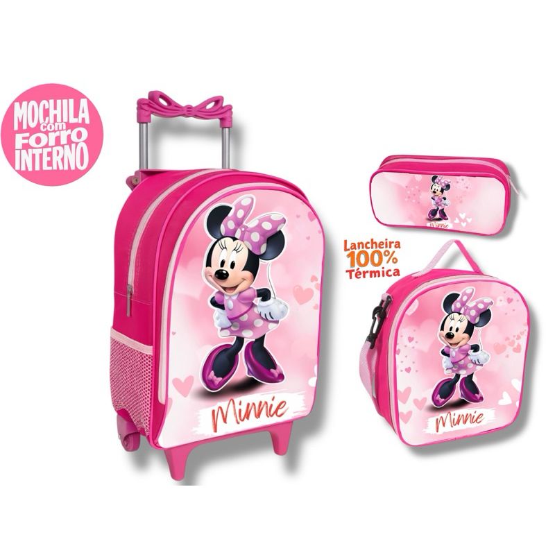 Kit Mochila Rodinha infantil Minnei  lancheira Térmica + Estojo