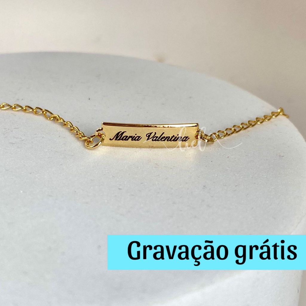 Pulseira Infantil RN Bebê Personalizada Com Gravação Nome Banhada A Ouro 18k Prata