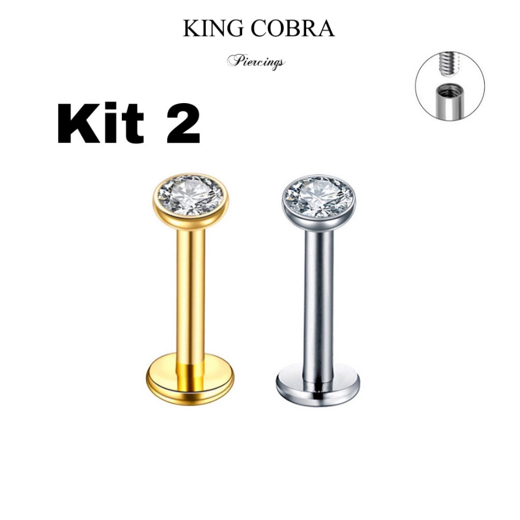 Kit 2 Piercing Labret Aço Cirúrgico Zircônia Rosca Interna | Helix, Tragus, Conch, Nariz, Boca-Medus
