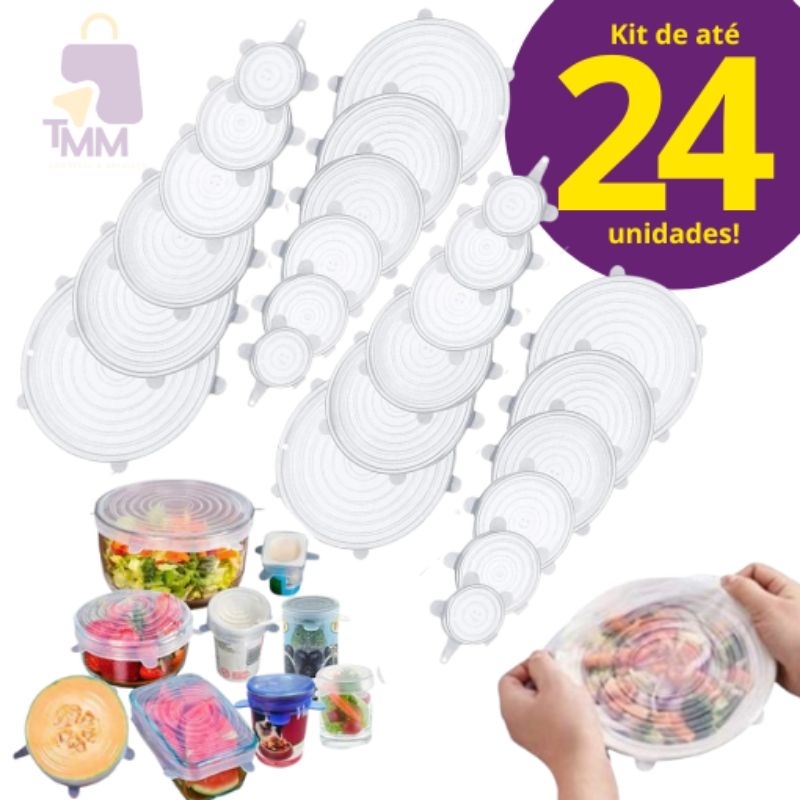 Kit Tampas de Silicone Reutilizáveis, Flexíveis, Elásticas e Resistentes.