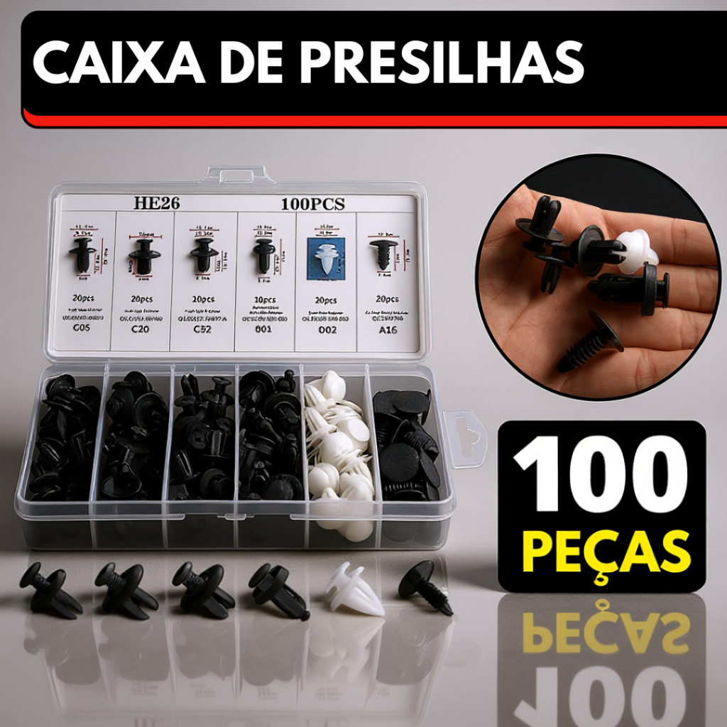 Kit 100 Grampo Presilha Automotiva Prendedor Hibrido De Clipes De Fixação De Peças Pino Parachoque C