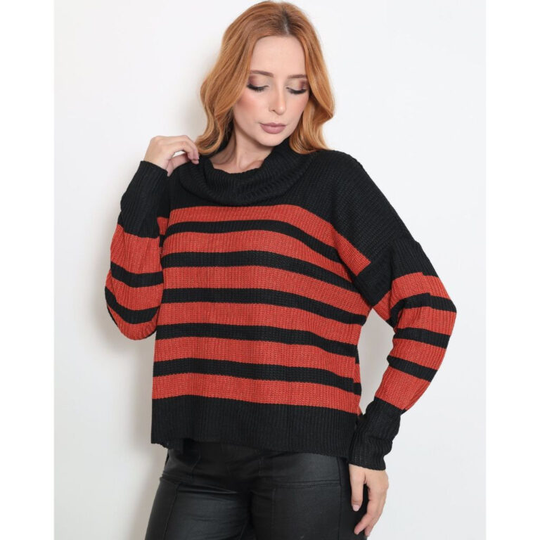Blusa Feminina de Tricot Listrada com Gola Boba Fr