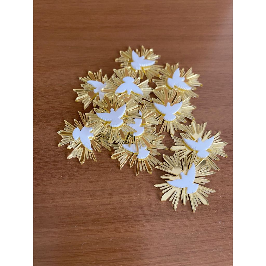Kit Apliques do Espírito Santo 3,5cm Acrílico Dourado e Branco para Artesanato, Batizado, Crisma, Le