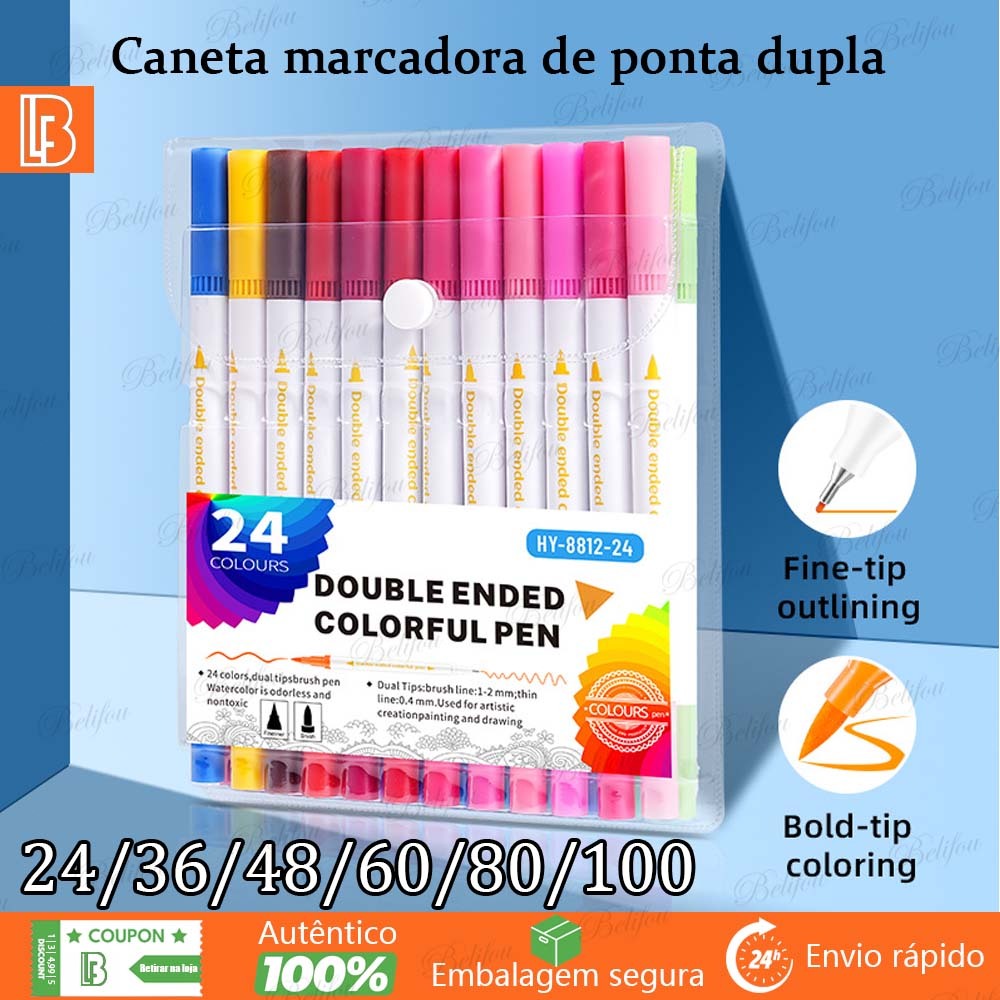 24/36/60/80/120 Kit Caneta 2 em 1 Brush Lettering e Ponta Fina Dual Pen Canetinha Colorir Desenho