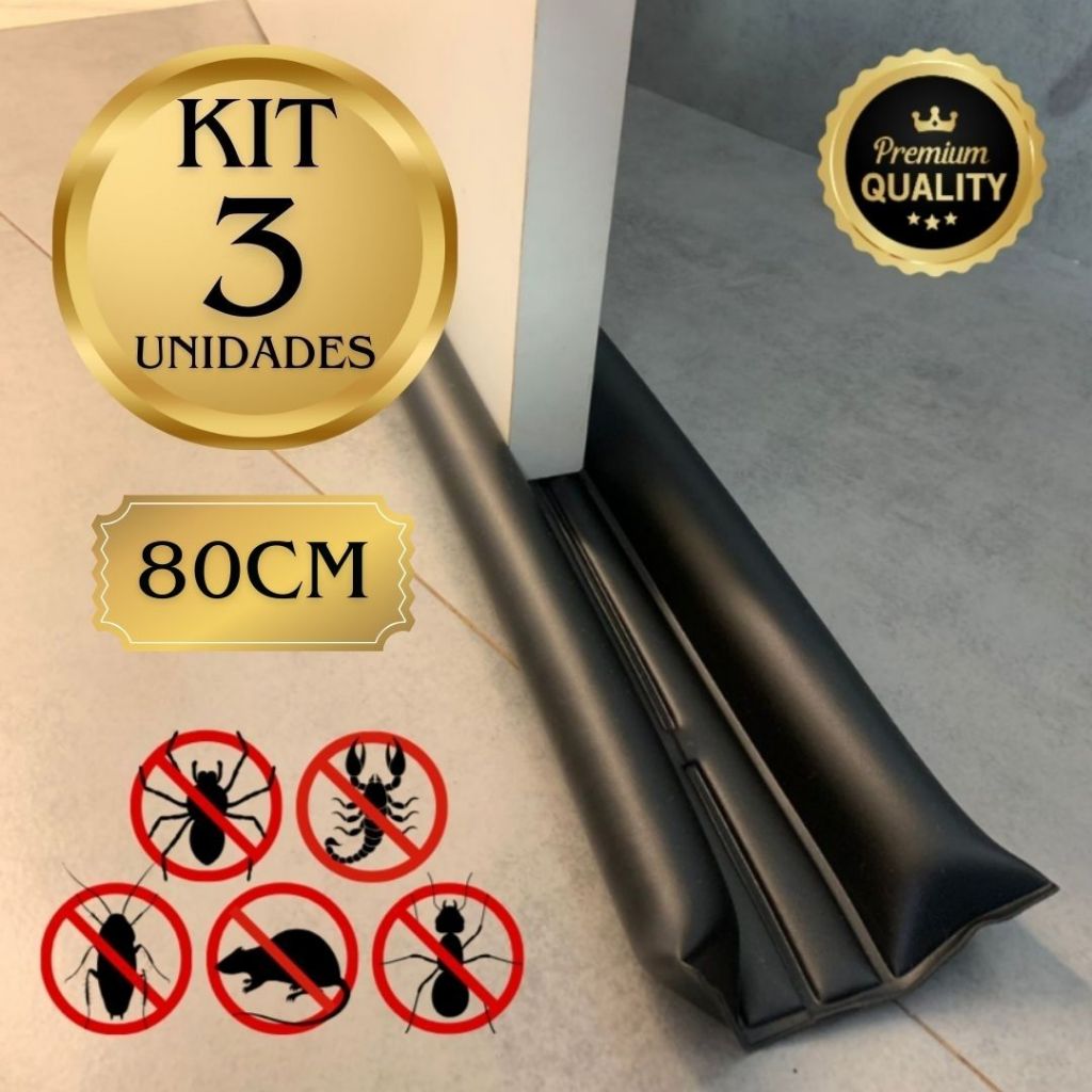 Kit 3 Protetor de Porta Rolinho Protetor Impermeável batente Dupla Proteção Preto 80cm